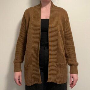 Dark tan open front ribbed knit cardigan